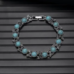 Vintage Ethnic Alloy Turquoise Gemstone Multi Color Stone Charm Bracelet Retro Fashion Jewelry Gift For Women Men