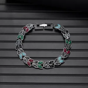 Vintage multi-color leaf gemstone bracelet, elegant ethnic style charm jewelry for women.