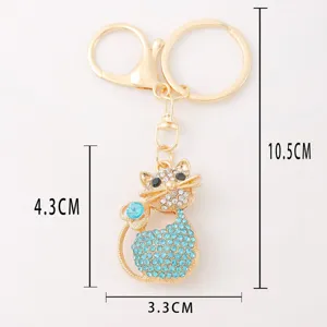 Gold rhinestone cat keychain cute metal key ring pendant blue crystal animal bag charm length 10.5cm