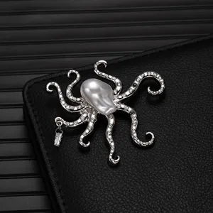 Exquisite alloy octopus brooch featuring a baroque pearl and crystal inlay, detail close-up view.