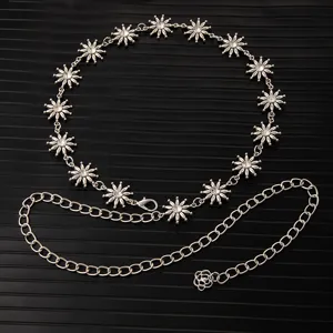 Silver metal rhinestone flower waist chain dress accessory decorative belt adjustable design