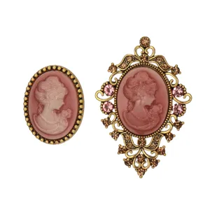 Vintage cameo brooch set retro court style pink resin portrait metal dress accessories