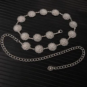 Vintage silver floral relief metal waist chain, adjustable decorative body chain for dresses.