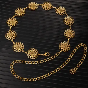 Retro gold relief waist chain adjustable metal floral decorative chain for dresses accessory.