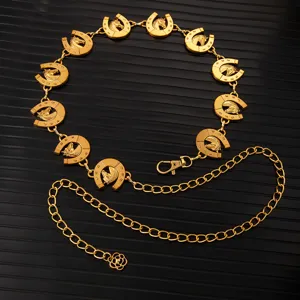 Retro gold horseshoe and horse head waist chain metal belt dress accessory for women