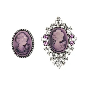 Vintage cameo brooch set with purple rhinestone crystal ornate silver metal frame fashion jewelry