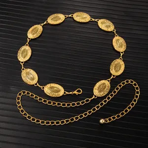 Vintage gold metal waist chain with embossed oval links and adjustable clasp for dresses.