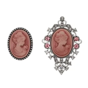 Detailed view of vintage cameo brooch set featuring a classic lady portrait and sparkling rhinestone crystals.