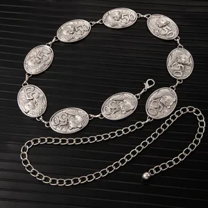 Vintage silver metal waist chain with leopard relief oval medallions and adjustable chain.