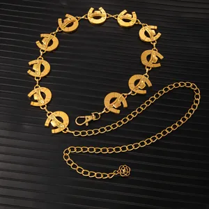 Retro gold metal horseshoe chain belt for women, adjustable waist jewelry dress accessory.