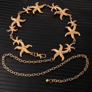 Gold starfish metal waist chain, adjustable length dress decorative accessory for women.