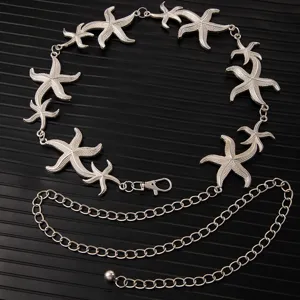 Silver starfish waist chain detail, retro metal decorative body chain for dresses and outfits.