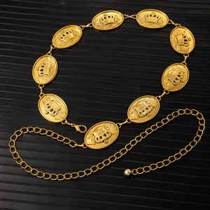 Vintage gold waist chain featuring embossed crown medallions and adjustable metal link design.