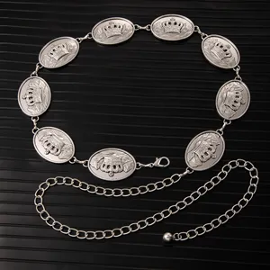 Vintage silver metal waist chain with embossed crown oval pendants, adjustable dress accessory.