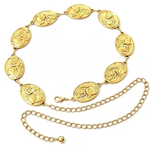 Vintage gold metal chain belt with embossed panther medallions for women dress waist accessory