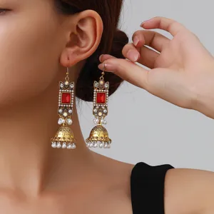 Bohemian Ethnic Tassel Bell Drop Earrings For Women Vintage Alloy Rhinestone Artificial Pearl Jhumka Dangle Earrings Indian Gypsy Jewelry Gift