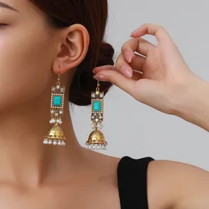 Vintage gold ethnic pearl drop earrings bohemian square turquoise inlaid stylish jewelry