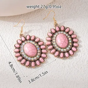 Boho vintage pink turquoise drop earrings detail view with rhinestone floral design and size specs.