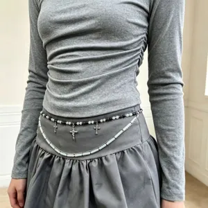 Y2K multi-layer beaded waist chain detail, sweet cool style cross pendant body jewelry.