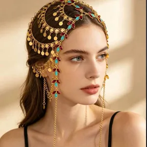Chaîne de Cheveux Exotique Multicouche à Glands Pièces Alliage Or Strass Coiffe Bohémienne Bijou de Tête Arabe pour Femmes