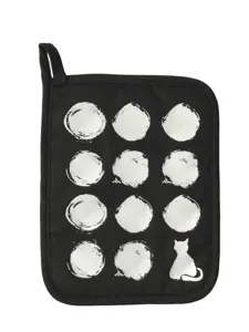 Black cotton twill pot holder with silver brushstroke circles and cute cat pattern detail.