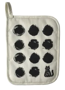 Black and white cotton twill pot holder detail showing cat and brush stroke polka dot pattern.