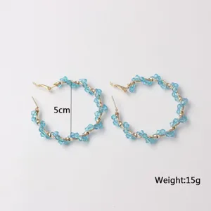 Gold wire wrapped blue crystal hoop earrings 5cm stylish statement jewelry for women.