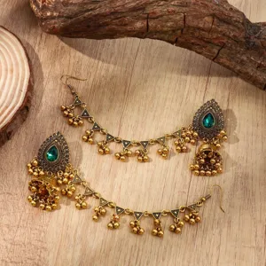 Boho indien vintage vert strass glands boucles d'oreilles et chaîne de cheveux set bijoux