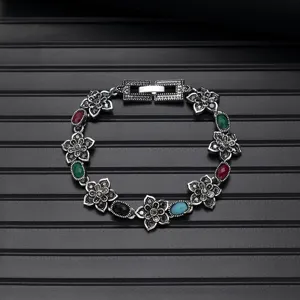 Vintage silver gemstone flower bracelet, ethnic style chic jewelry for women and girls daily wear.