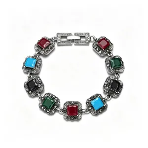 Vintage multi-color gemstone bracelet, ethnic style retro silver chain jewelry main view.