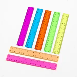 Detailed close-up view of colorful transparent 20cm plastic rulers with clear scale markings.