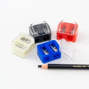 Transparent double hole pencil sharpener, colorful makeup tool for eyebrow and eyeliner pencils.