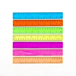 Detailed close-up shot of colorful plastic rulers featuring clear 20cm and 8-inch scales.