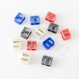 Colorful transparent double hole pencil sharpener cosmetic tool set for daily makeup use.