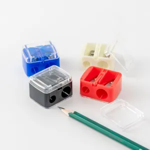 Multicolor double-hole pencil sharpener with transparent lid for makeup and stationery use.