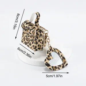 Portachiavi borsa mini stampa leopardo con ciondolo specchio cuore in pelle PU.