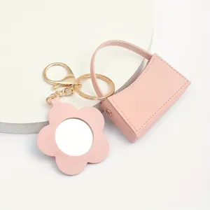 Roze mini tas sleutelhanger met bloem spiegel, schattig PU lederen accessoire voor tas.
