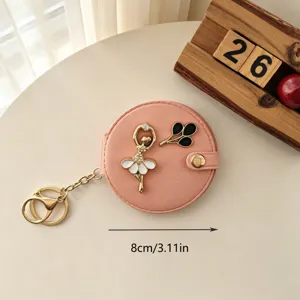 Roze ronde opvouwbare make-up spiegel sleutelhanger met schattige balletmeisje hanger.