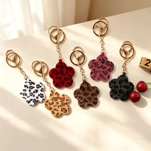 Porte-clés fleur en peluche imprimé léopard mignon pendentif de sac à main petit miroir de poche