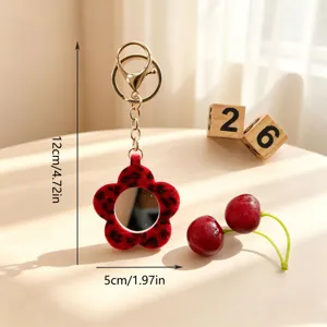 Miroir porte-clés fleur en peluche léopard, mini miroir de poche portable pendentif de sac.