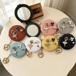 Draagbare ronde dubbelzijdige opvouwbare make-up spiegel sleutelhanger balletmeisje strass hanger PU leer tas charm ring
