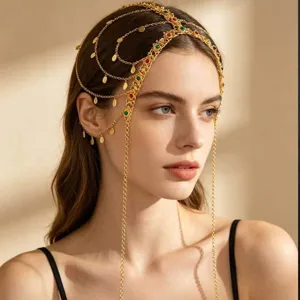 Superbe chaîne de tête dorée à plusieurs rangs de pièces, bijoux de cheveux bohème chic.