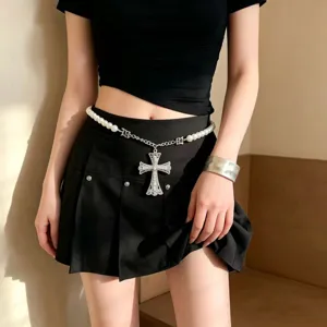 Y2K gothic pearl cross waist chain, vintage silver metal body chain for women style accessory.