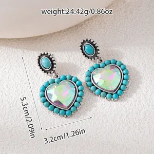 Bohemian turquoise heart crystal earrings retro ethnic style drop earrings for women