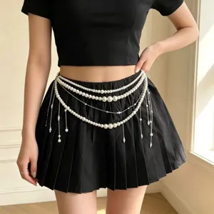Detail view of a sweet cool multi-layered pearl tassel waist chain, Y2K retro women accessory.