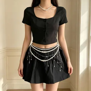 Sweet cool multi-layer pearl tassel waist chain retro high-end Y2K accessory for women