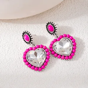Vintage bohemian pink crystal heart drop earrings, ethnic style silver metal statement earrings for women