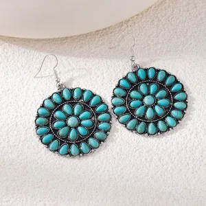 Boho turquoise drop earrings vintage ethnic round earrings detailed statement jewelry