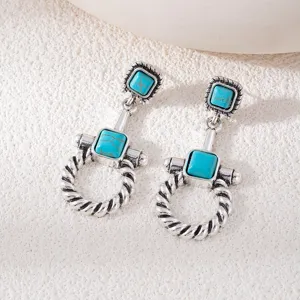 Boho Turquoise Stone Drop Earrings Vintage Ethnic Metal Statement Dangle Jewelry for Women