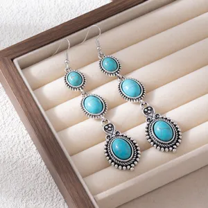 Vintage bohemian turquoise long dangle earrings, antique silver finish multi-stone drop jewelry.